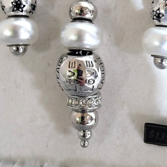 Silver Tone Pearl Necklace Earrings Set 32" Dream Love Laugh Charm Beaded - Picture 2 of 4